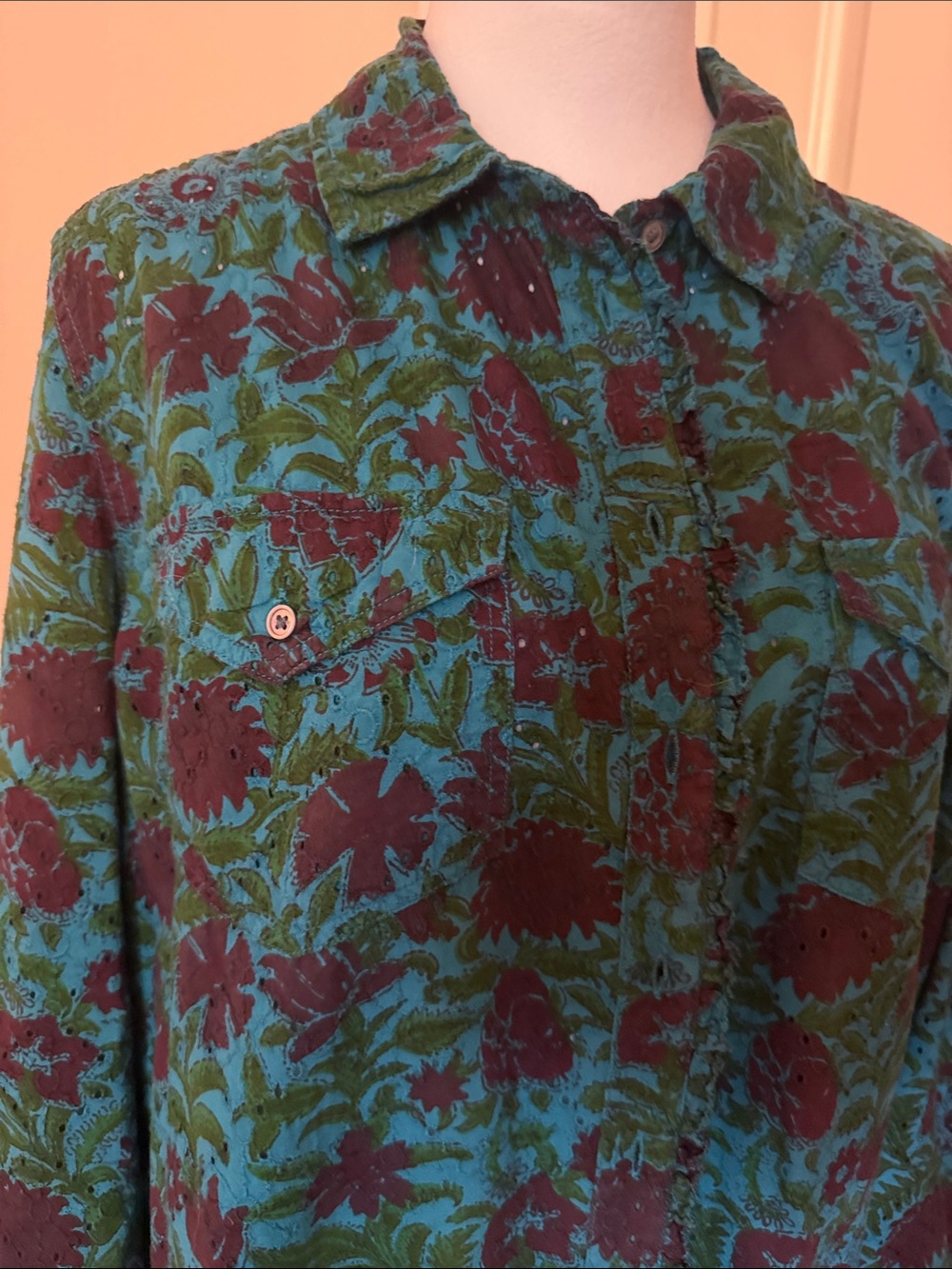 Sundance Teal and Plum eyelet Floral Button-Down Shirt - Picture 4 of 10